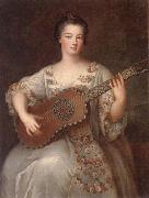 unknow artist Portrait of a young lady,three-quarter length,wearing a floral and ivory lace-trimmed dress,playing the guitar oil painting reproduction
